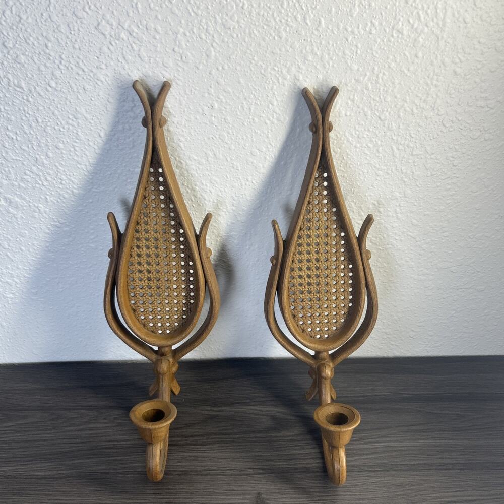VTG Homco Wall Candle Holders Set 2 Faux Rattan Wicker FauxWood Taper Sconces